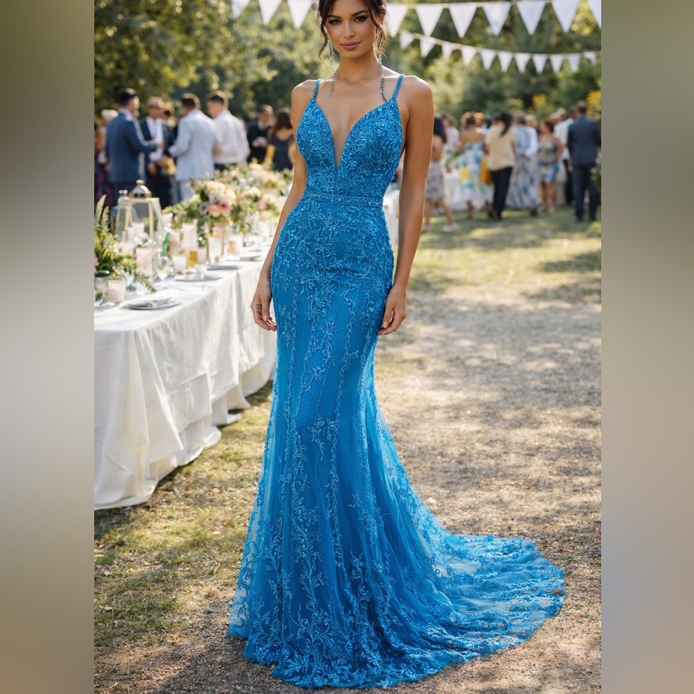ellie wilde Turquoise Lace Mermaid Prom Dress